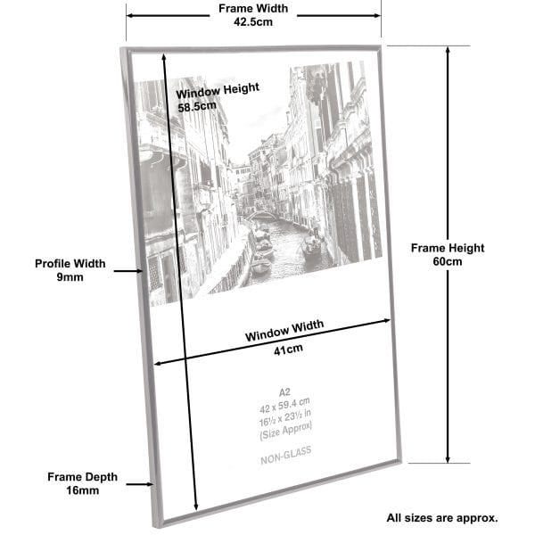 A2 silver frame dimensions: 42.5cm by 60cm.