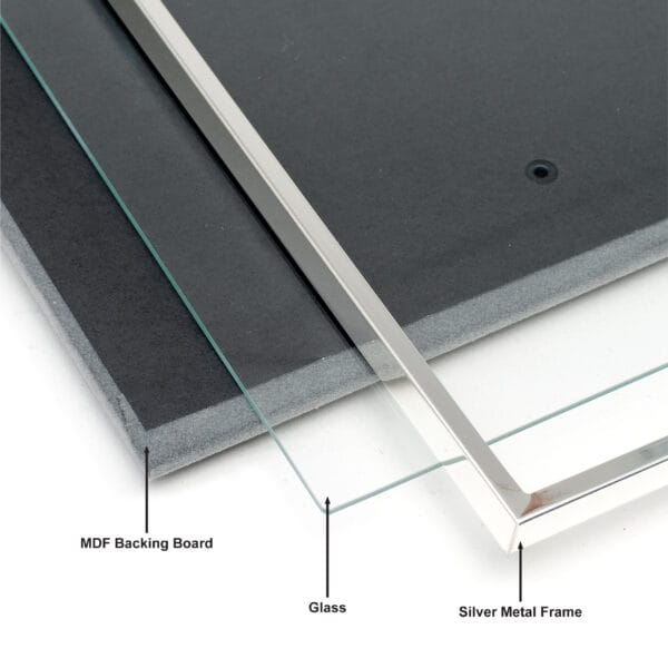 Silver frame parts: glass, MDF, and metal.