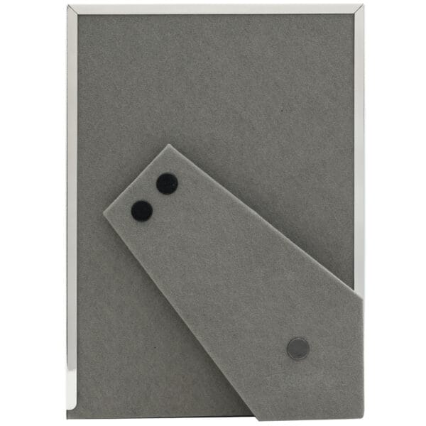 Back view of grey photo frame with stand.
