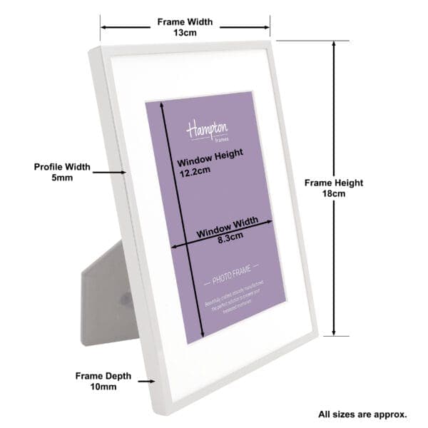 White photo frame with dimensions and measurements.