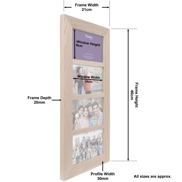 Wooden multi-aperture photo frame with dimensions labelled