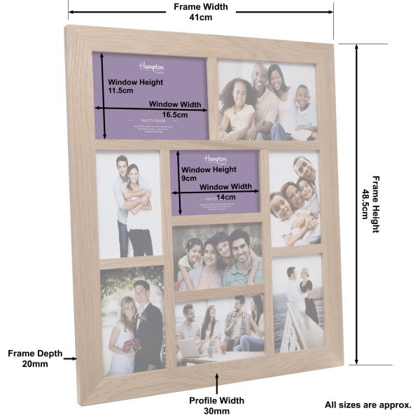 Wooden multi-aperture photo frame with labelled dimensions