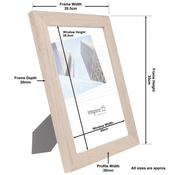 Wooden photo frame with labelled dimensions diagram