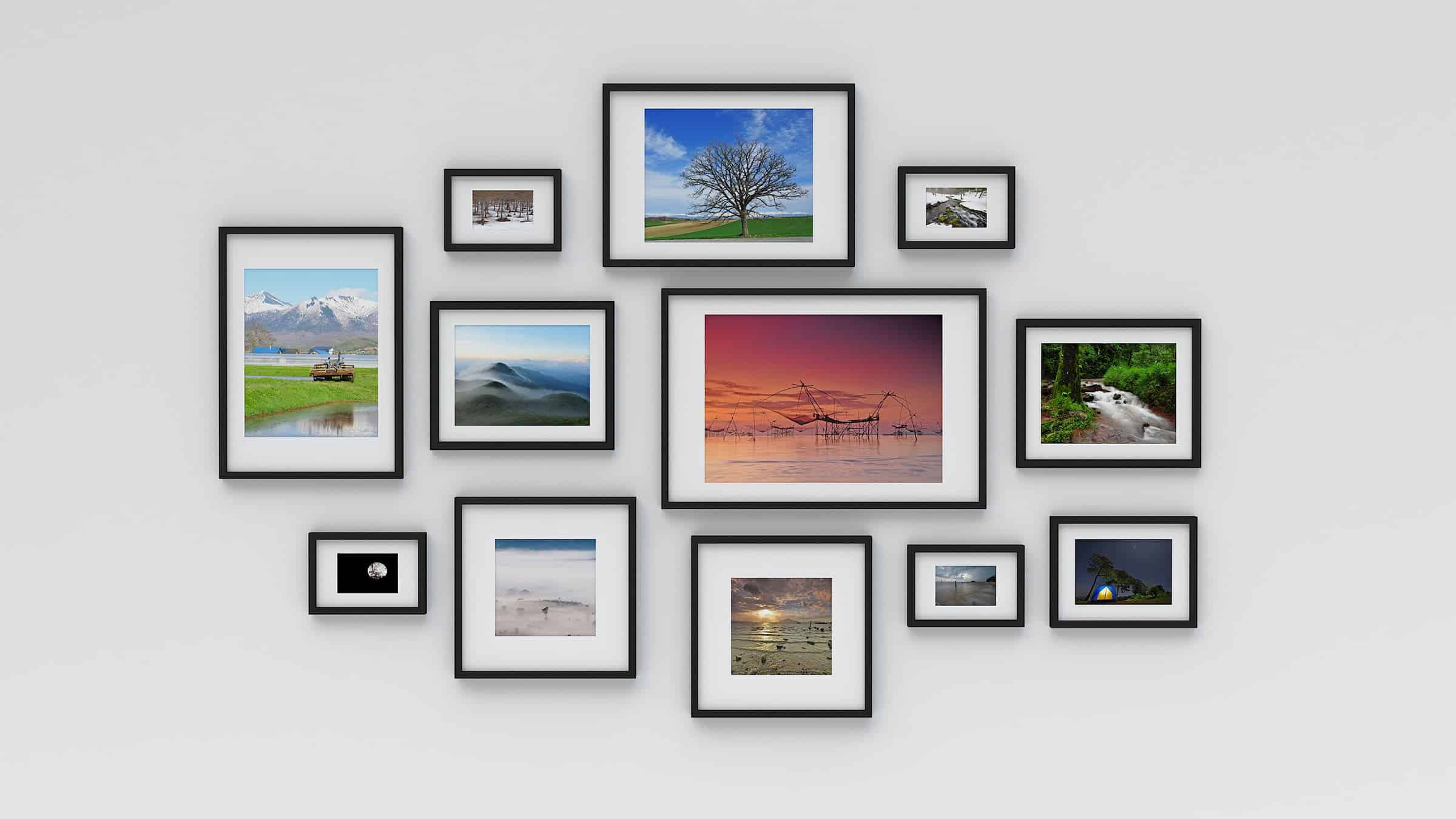 Multiple Photo Frames on a white wall.