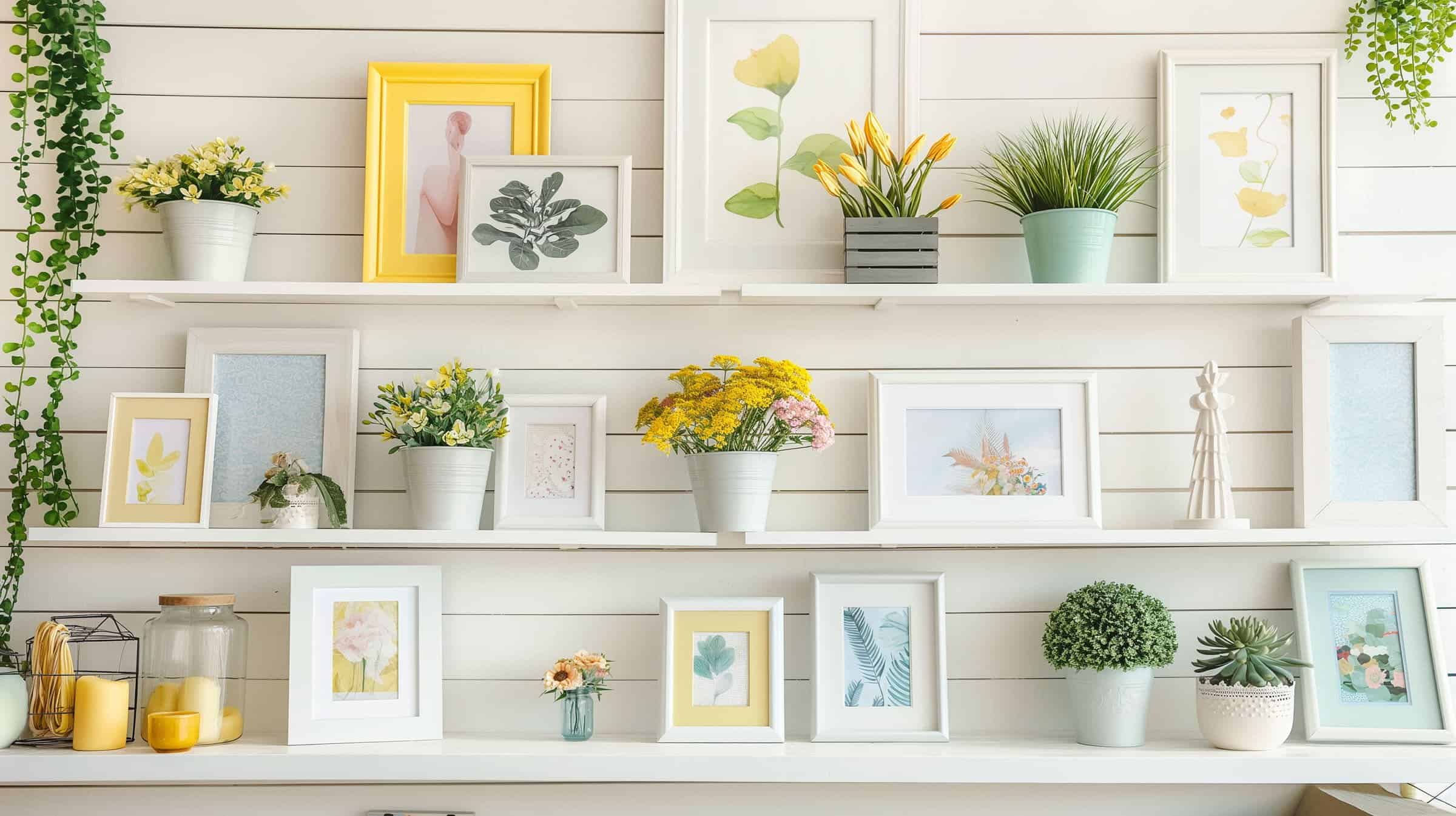 Spring themed photo frames, placed beautifully on shelves.