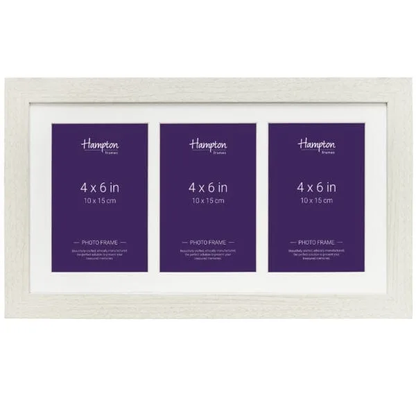 Triple white photo frame with purple inserts displaying sizes