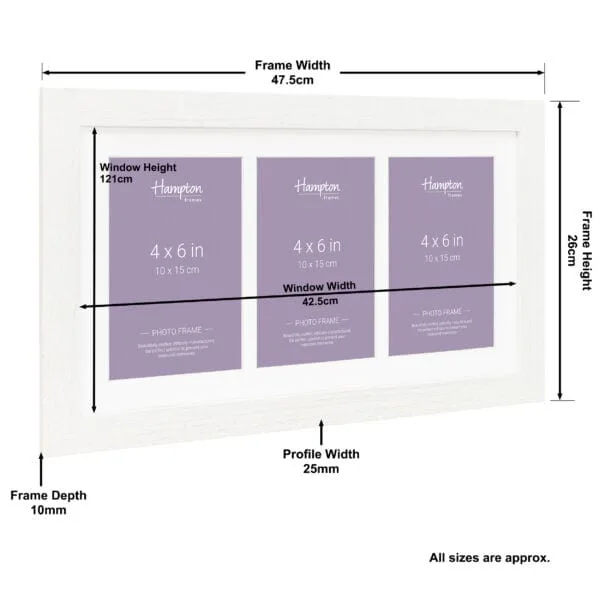 White triple photo frame with dimensions labelled