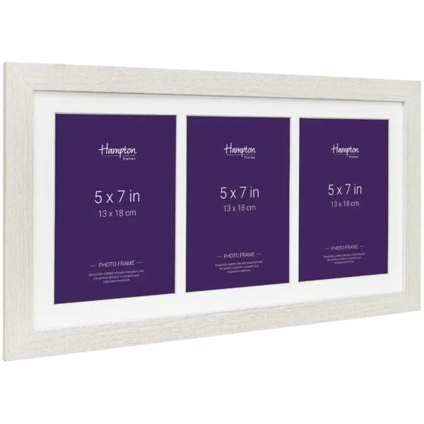 Triple 5x7 inch Hampton photo frames in white.