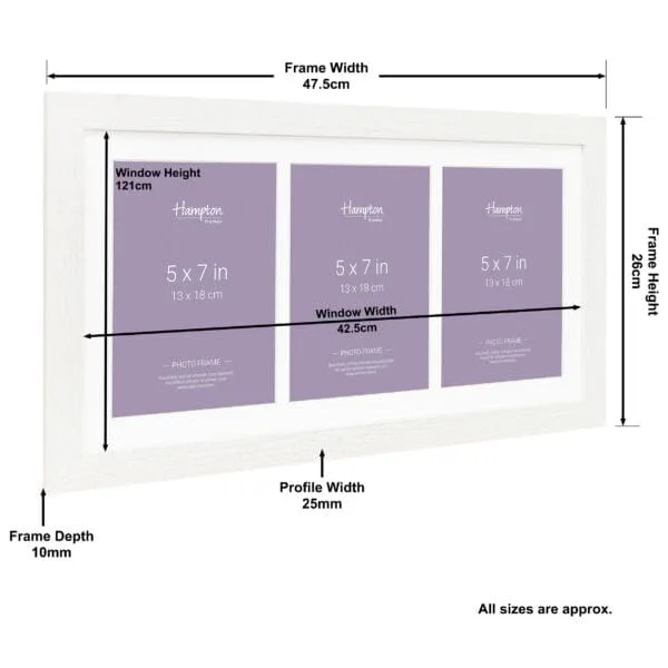 Triple photo frame with size annotations, white frame