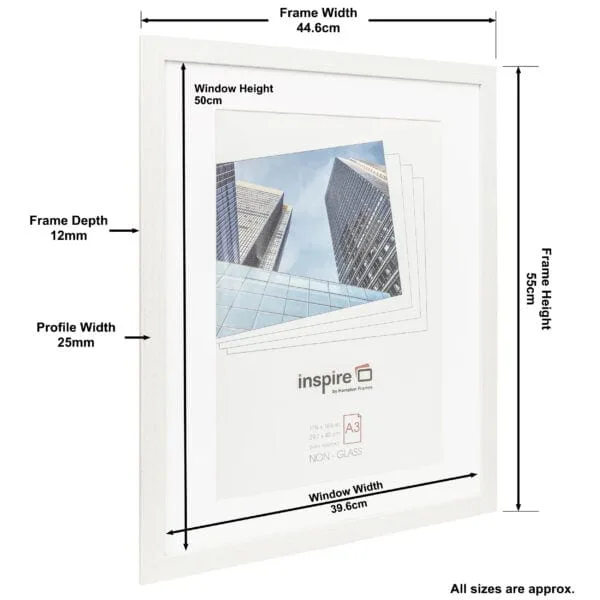 White frame featuring skyscraper photo, with dimensions