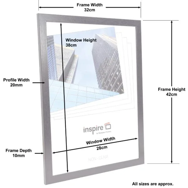 Grey frame containing skyscraper image with dimensions labeled