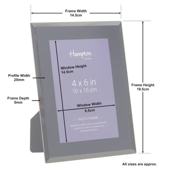 Grey photo frame displaying size specifications