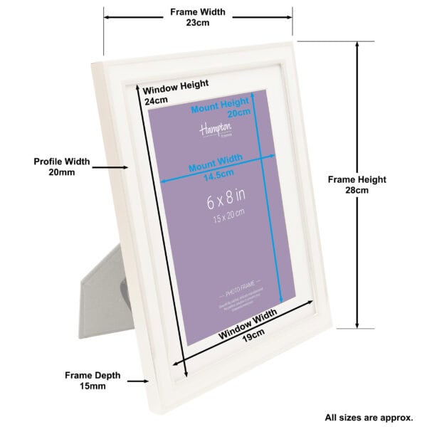 Detailed diagram of white photo frame with dimensions