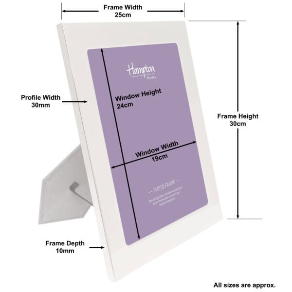 White photo frame with dimensions labeled, standing upright.