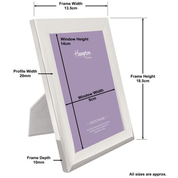 White photo frame with size measurements and stand.