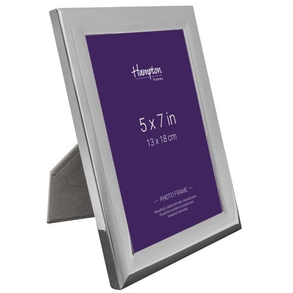 Silver photo frame, 5x7 inches, standing position.