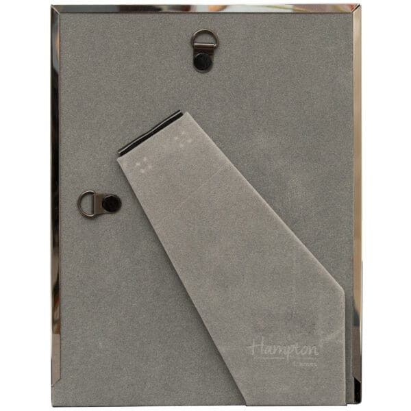 Back view of grey photo frame, stand extended.