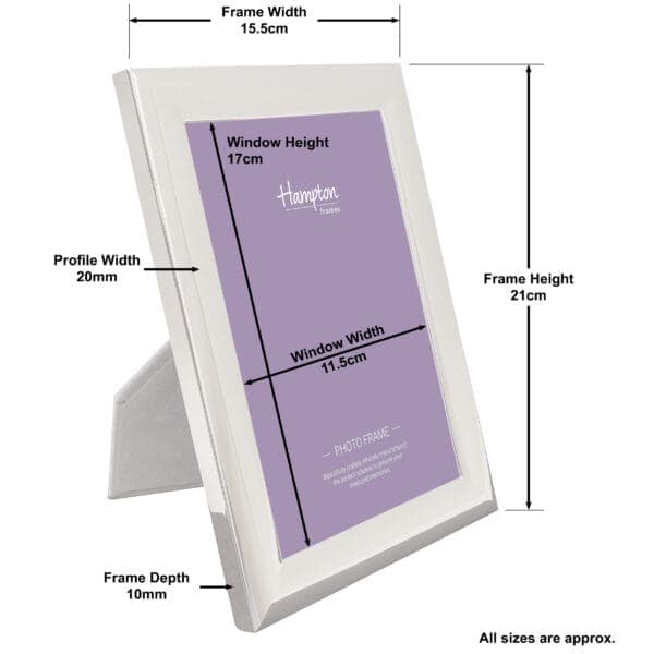 White photo frame with dimensions displayed in centimetres.