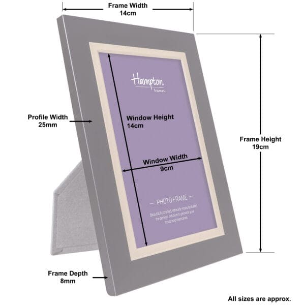 Black photo frame with measurements and stand.
