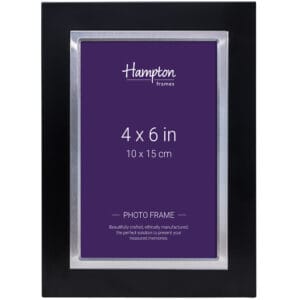 Black photo frame, 4x6 inches, purple background.