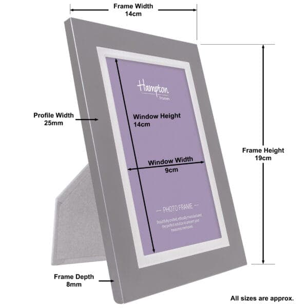 Grey photo frame with dimensions indicated.