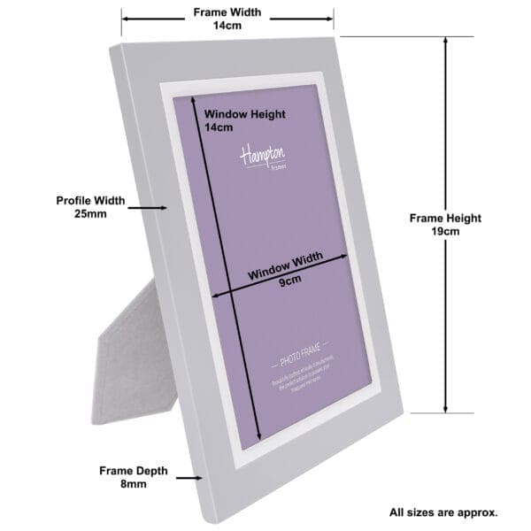 Grey photo frame with dimensions labelled.