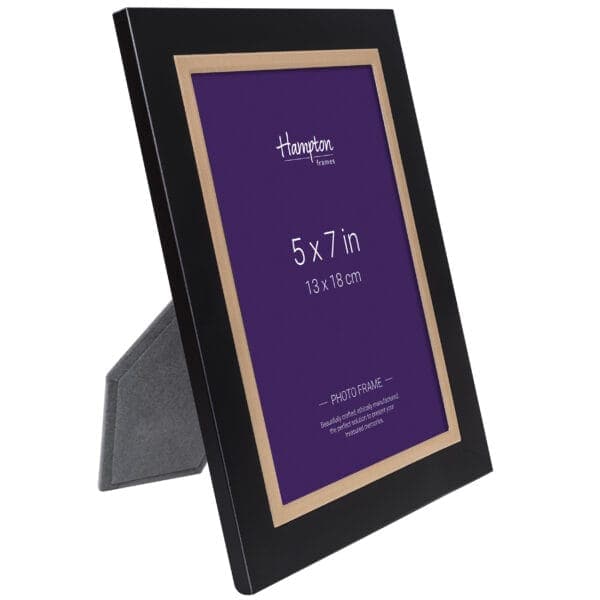 Black photo frame, purple insert, 5x7 inches.