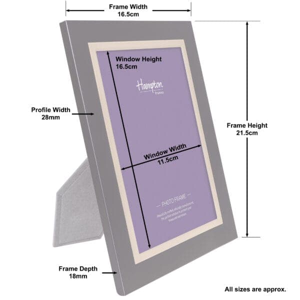 Grey photo frame with measurements in centimetres.