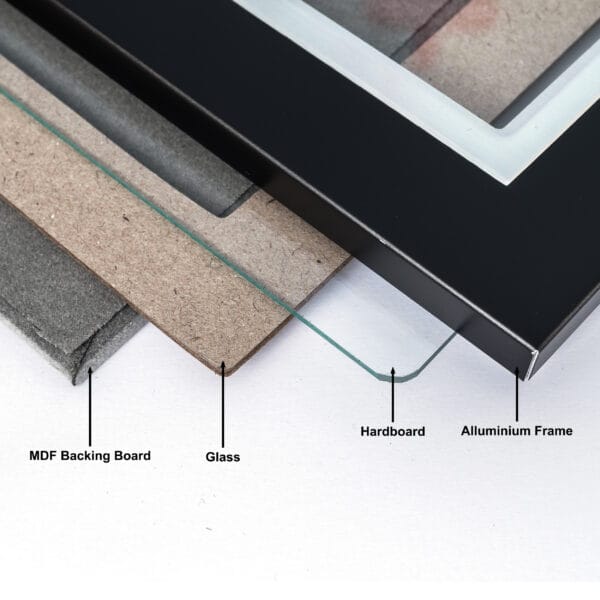 Layers of aluminium frame, hardboard, glass, MDF board.