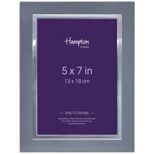 Grey 5x7 inch photo frame with purple background.