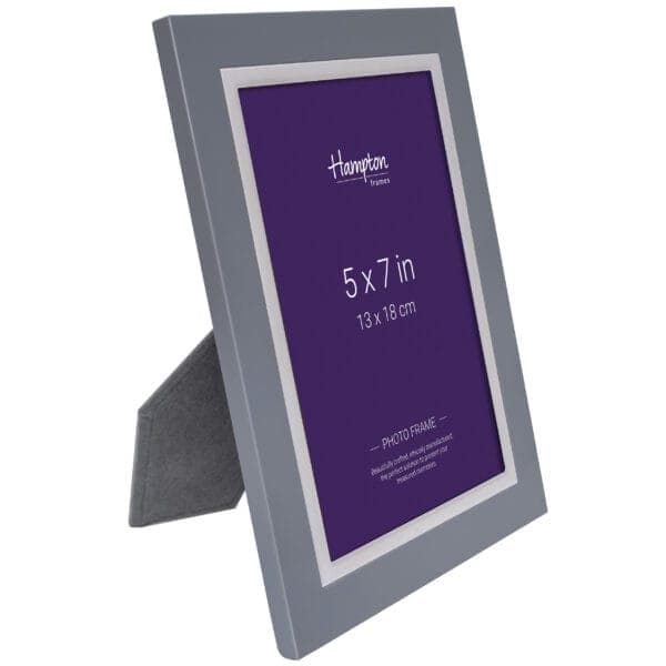 Grey photo frame with purple insert, 5x7 inches.