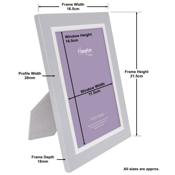 Grey photo frame with dimensions labeled in millimetres.