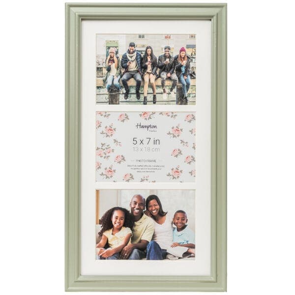 Green photo frame with family and friends pictures.