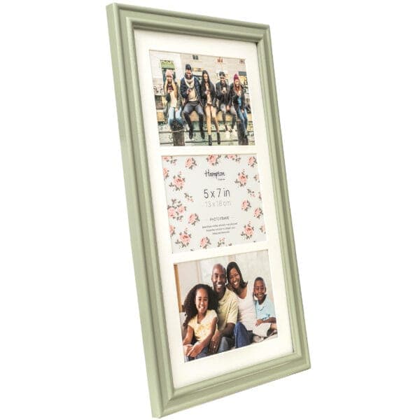 Green photo frame with multiple family pictures.