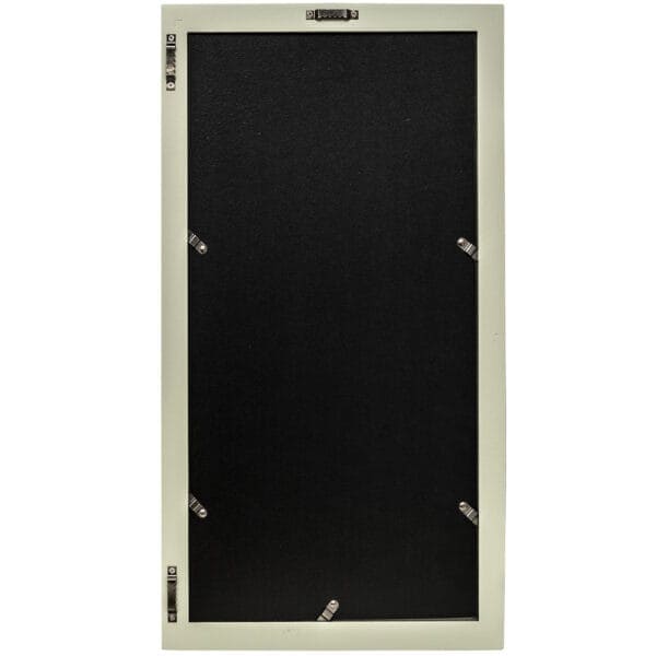 Black-backed rectangular picture frame with metal clips.