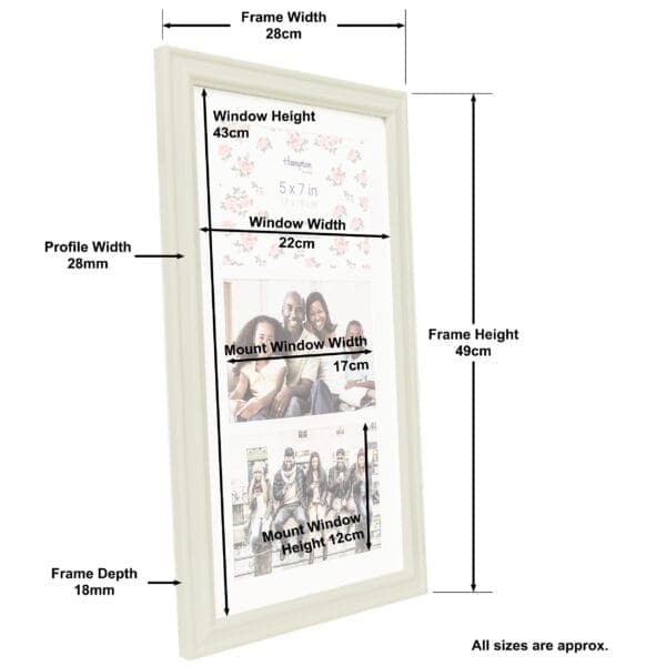 White photo frame with dimensions labeled.