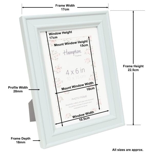 White photo frame dimensions and specifications diagram.