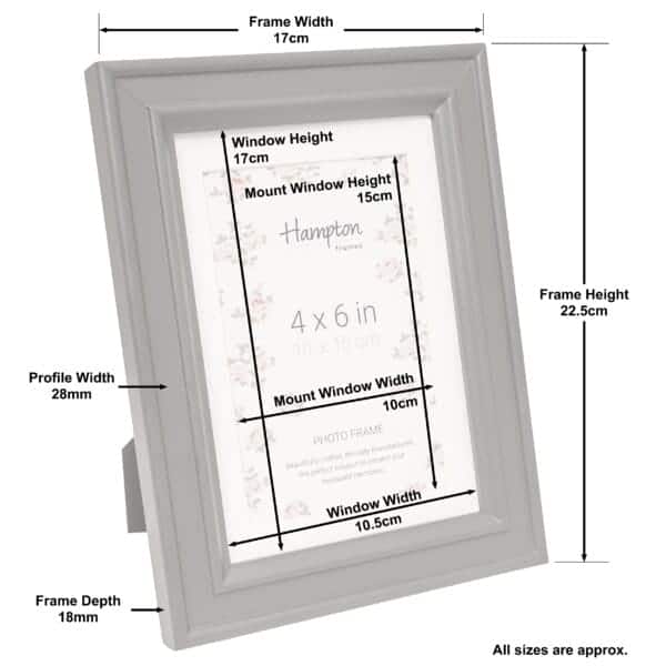 Grey photo frame with detailed dimensions in centimetres.