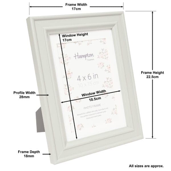 White photo frame with dimensions labelled in centimetres.