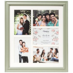 Collage photo frame with family pictures and dimensions.