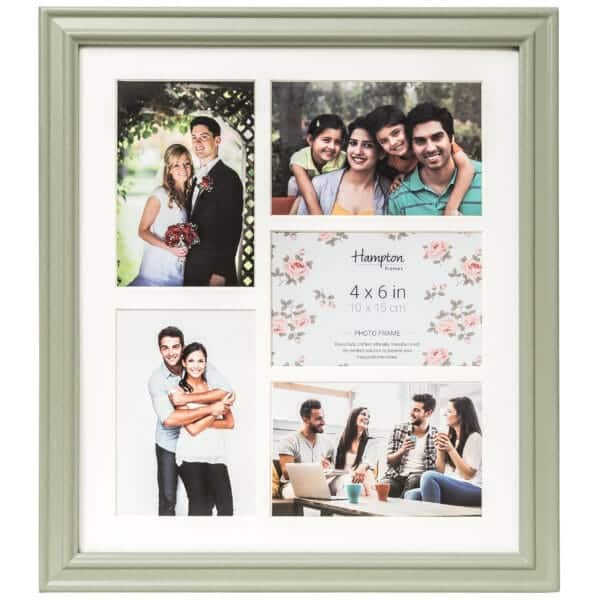 Collage photo frame with family pictures and dimensions.