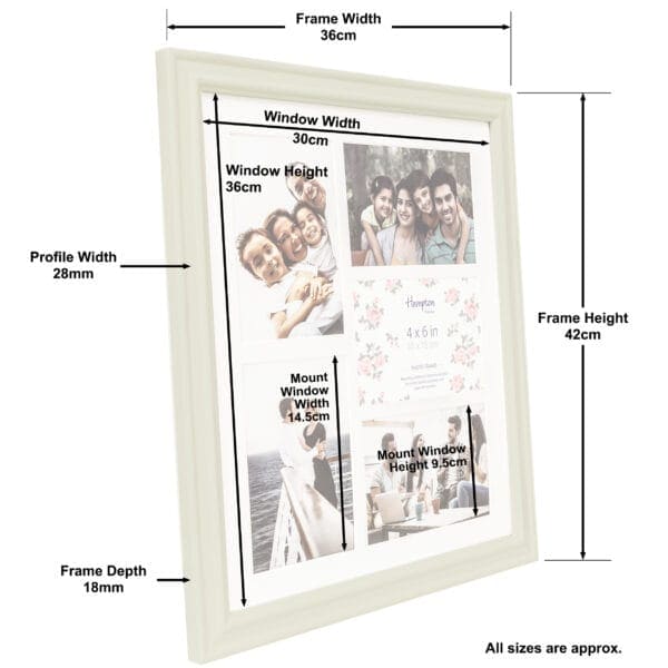 White photo frame with size measurements in centimetres.