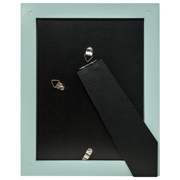 Back of blue photo frame with stand.