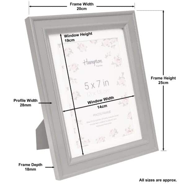 Grey photo frame dimensions diagram with measurements.