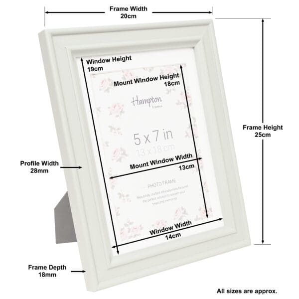 White photo frame with dimensions and measurements.