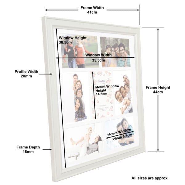 White frame with dimensions detailed in centimetres.