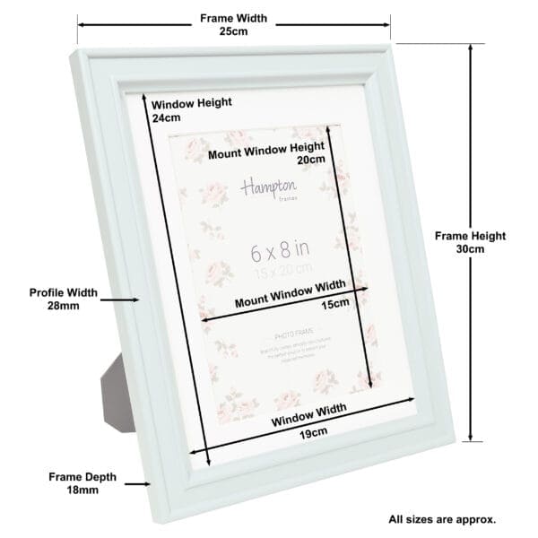 Dimensions of white photo frame with floral mount.
