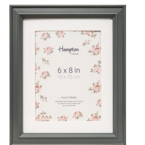 Grey photo frame with floral design, 6x8 inches.