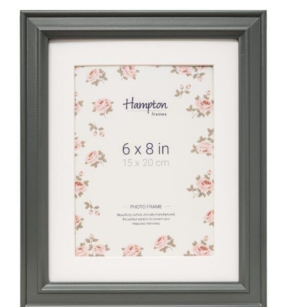Grey photo frame with floral design, 6x8 inches.