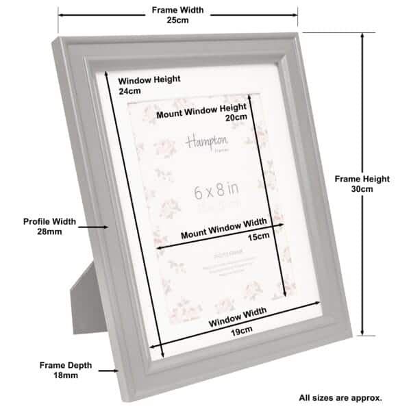 Photo frame with measurements and floral design.